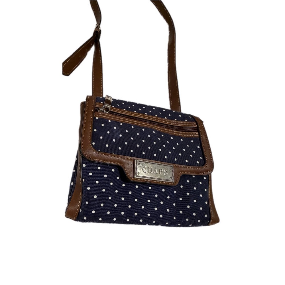 Chaps‎ Navy Blue Polka Dot Crossbody Bag Brown Trim Canvas Small Messenger Purse